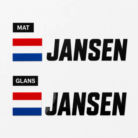 Voorbeeld van matte en glanzende rally naamsticker met vlag en naam