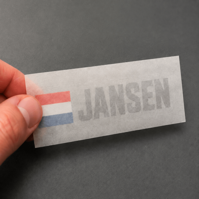 Rally naamsticker met vlag onder applicatiepapier voor het aanbrengen