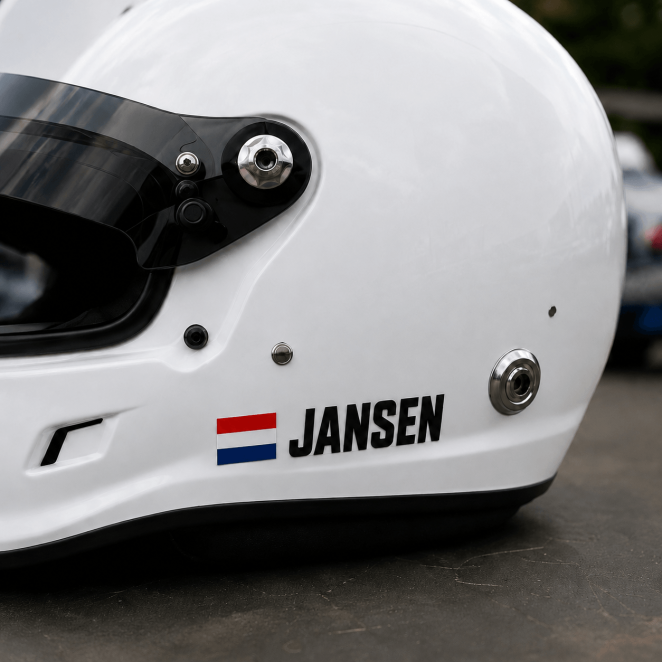 Rally naamsticker met vlag en losse letters op een witte motorsporthelm