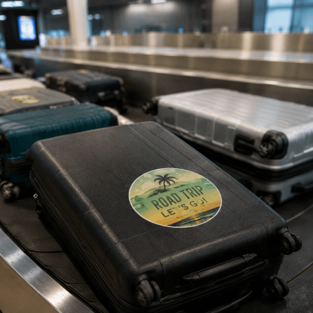 Gepersonaliseerde koffersticker zichtbaar op bagageband