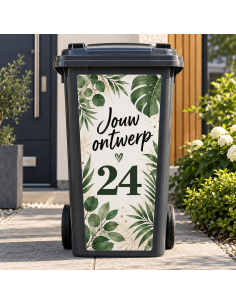 Eigen ontwerp kliko sticker op afvalcontainer bij woning
