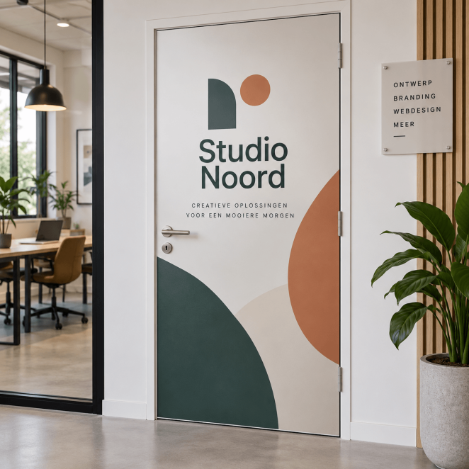 Eigen ontwerp deursticker met bedrijfslogo op kantoordeur