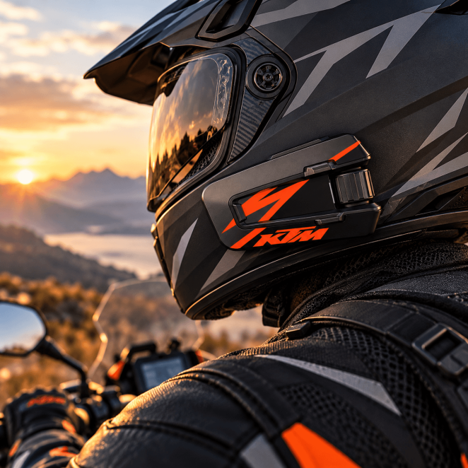 Motorrijder met KTM sticker op Cardo Packtalk Edge tijdens rit door berglandschap