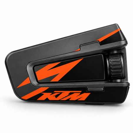 Cardo Packtalk Edge met zwart-oranje KTM sticker op witte achtergrond
